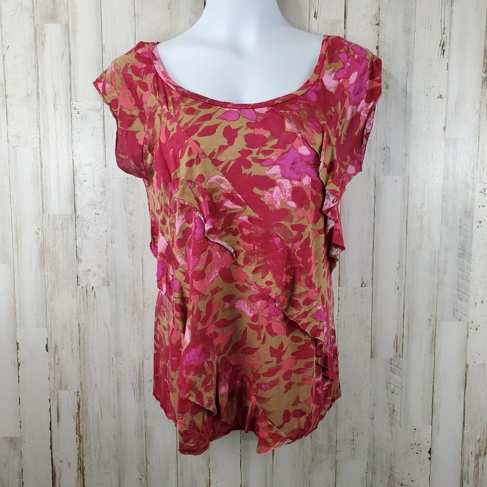 5/$25 Banana Republic Women Cap Sleeve Top S Pink & Brown Floral Tiered Ruffle